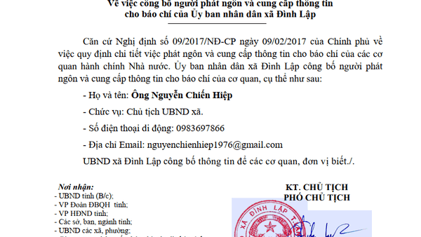 Thông báo công bố người phát ngôn và cung cấp thông tin báo chí của UBND xã Đình Lập